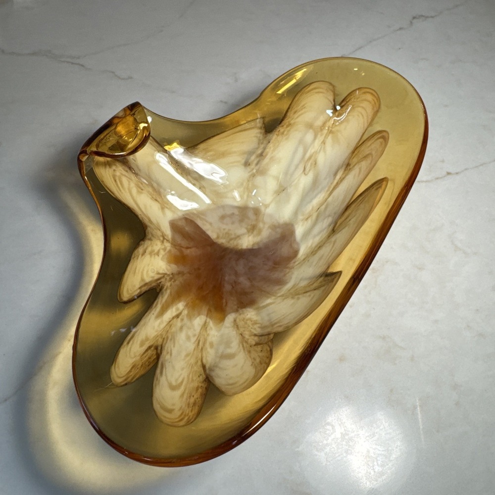 VTG Murano Style Amber Swirl Art Glass Ashtray Freeform Biomorphic Catchall bowl